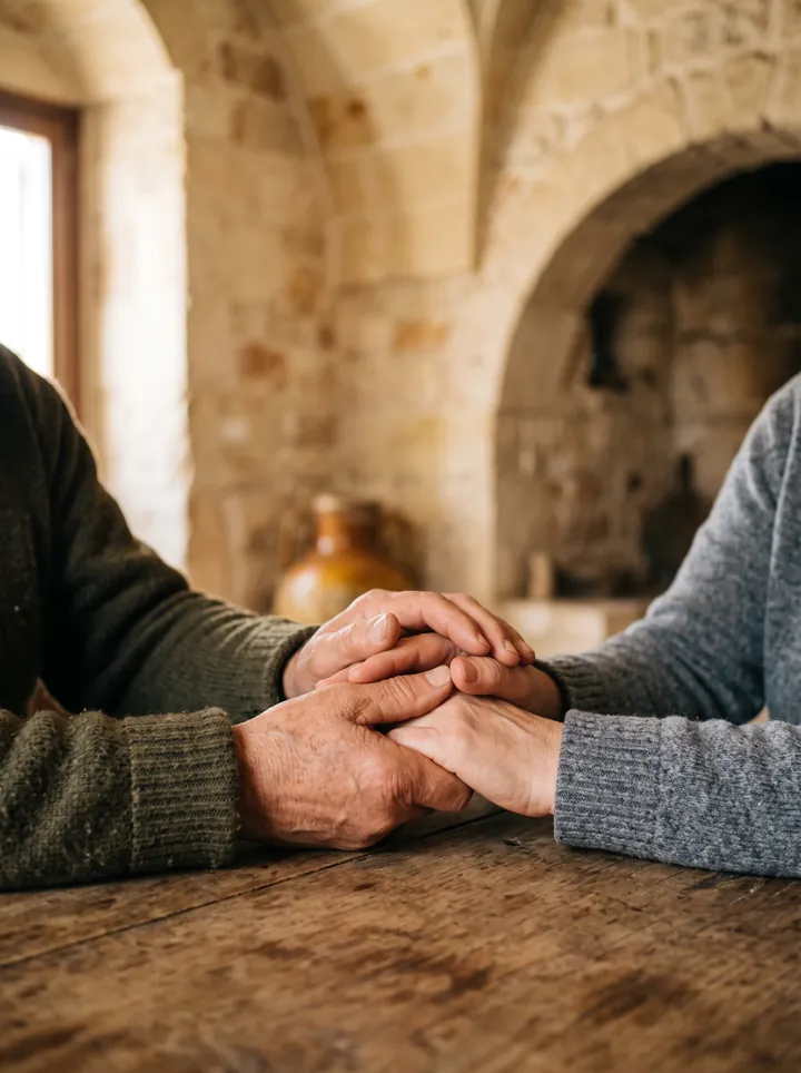Illustrative image generated with artificial intelligence: two hands gently holding another person's hands on a wooden table
